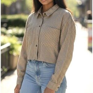 RSQ Women’s Cropped Flannel Shirt Plaid Brown Tan Long Sleeves